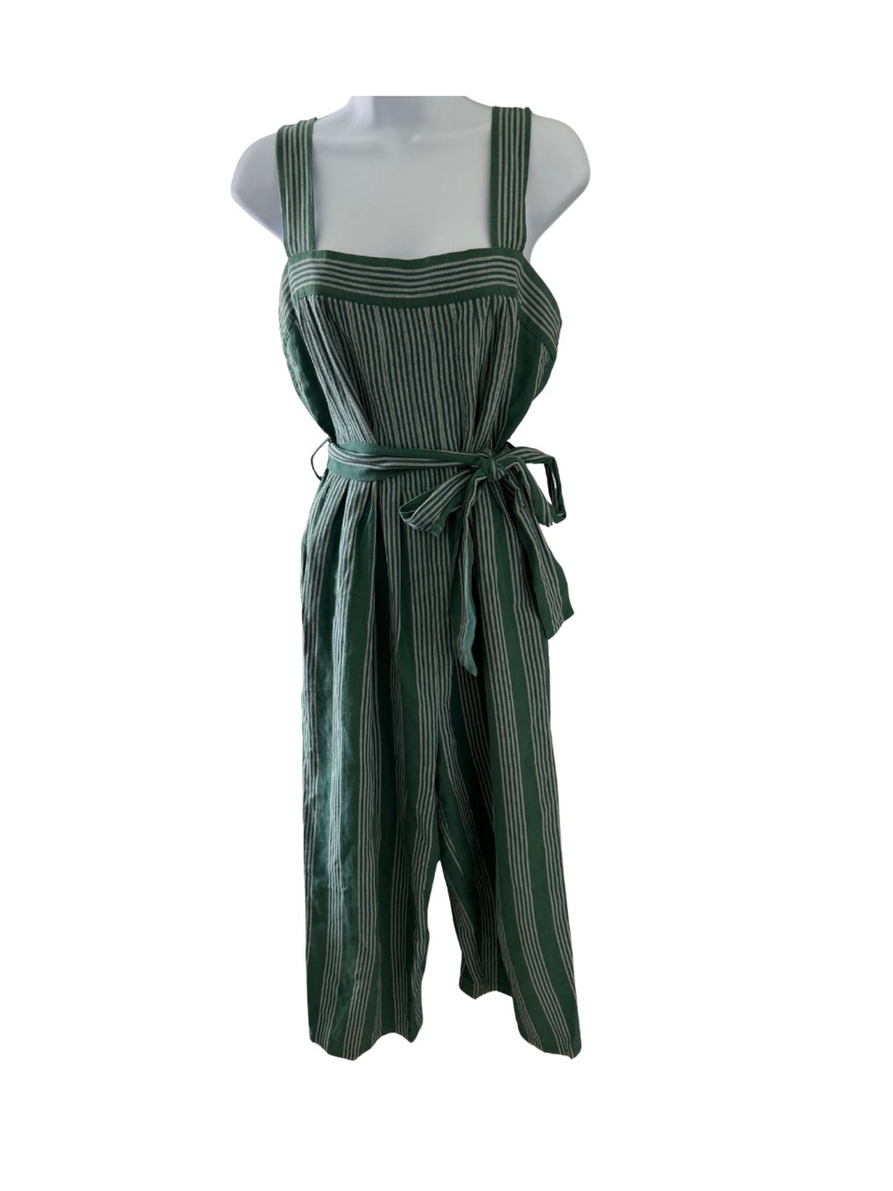 Payal Pratap Anthropologie Green Striped Cotton Linen Wide Leg Jumpsuit Size 4